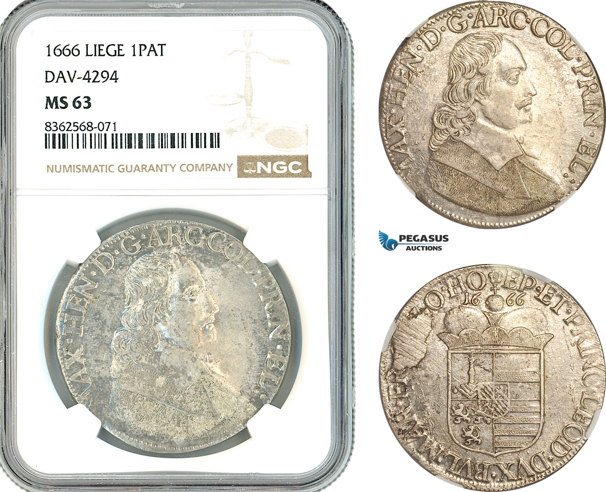 A11-056, Belgium, Maximilian Of Bavaria, Patagon 1666, Liege Mint, Silver, Dav-4294, Light toning, NGC MS63
