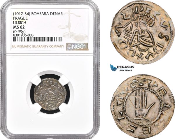 A11-059, Bohemia, Duke Udalrich, Denar ND (1012-34) Prague Mint, Silver (0.99g) Cach 288, Old cabinet toning! NGC MS62
