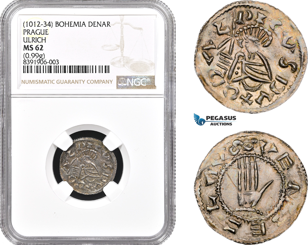 A11-059, Bohemia, Duke Udalrich, Denar ND (1012-34) Prague Mint, Silver (0.99g) Cach 288, Old cabinet toning! NGC MS62