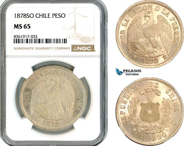 A11-121, Chile, 1 Peso 1878 SO, Santiago Mint, Silver, Km-142.1, Very flashy, NGC MS65