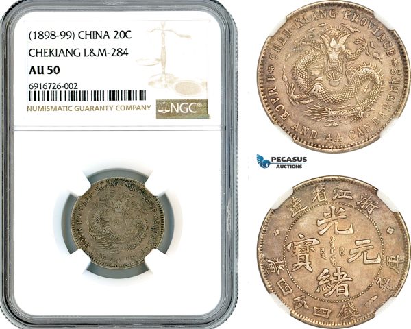 A11-122, China, Chekiang, 20 Cents ND (1898-99), Hangchow Mint, Silver, L&M-284, Old cabinet toning, NGC AU50