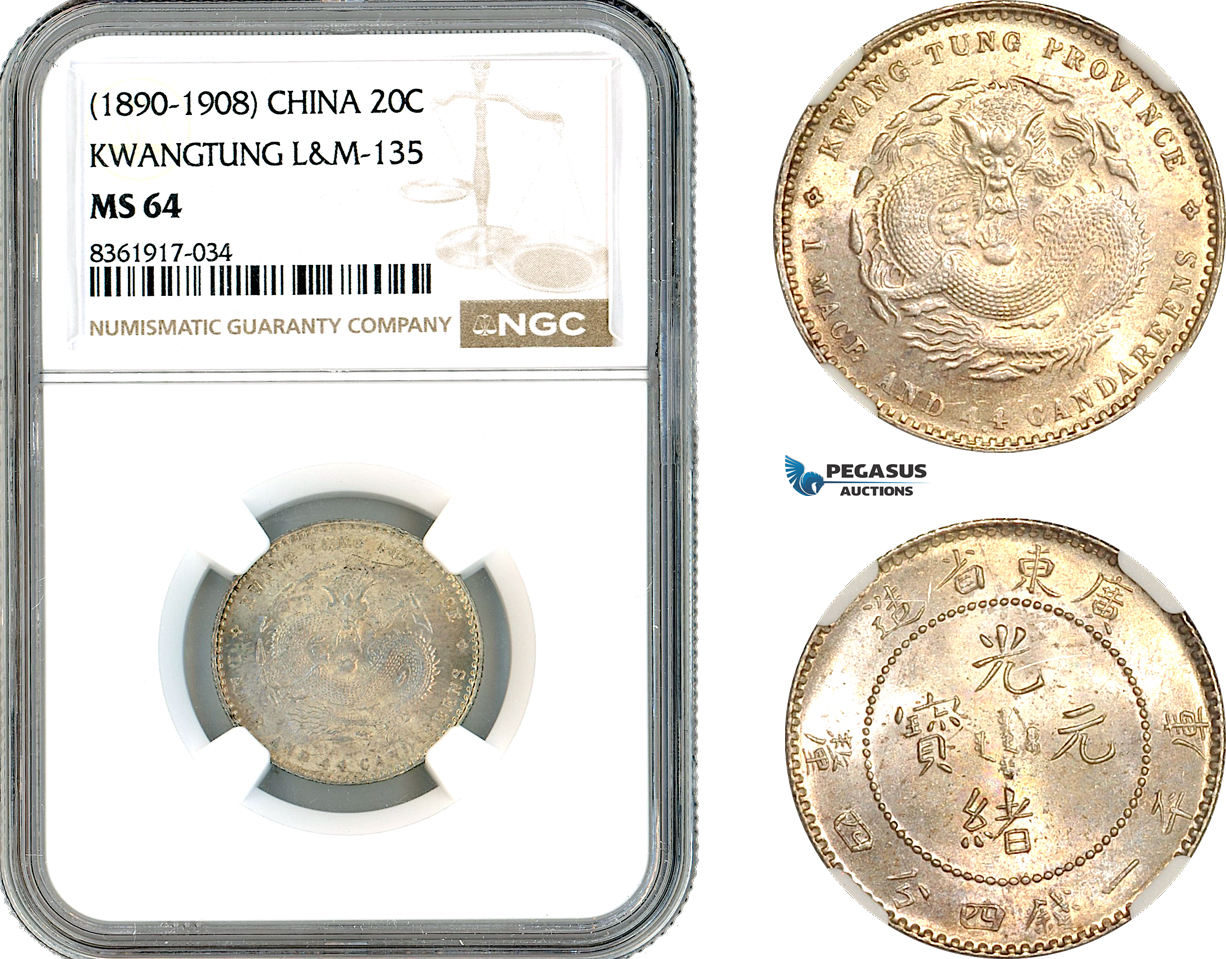 A11-126, China, Kwangtung, 20 Cents ND (1890-1908), Kwangtung Mint, Silver, L&M-135, Amber toning, NGC MS64