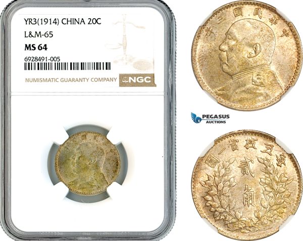 A11-132, China, Republic, 20 Cents YR3 (1914), Silver, L&M-65, Amber toning, NGC MS64