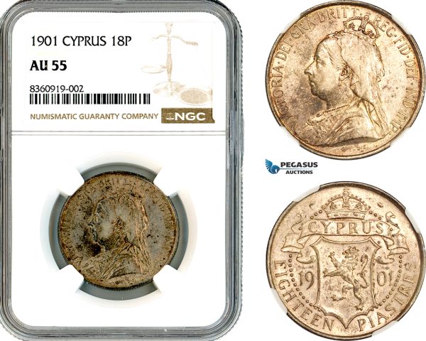 A11-144, Cyprus, British Colony, Victoria, 18 Piastres 1901, London Mint, Silver, Km-7, Spotted toning, NGC AU55