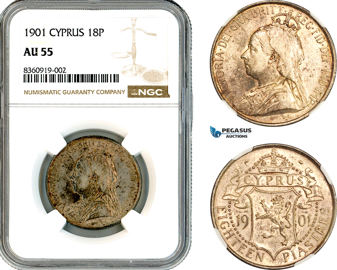 A11-144, Cyprus, British Colony, Victoria, 18 Piastres 1901, London Mint, Silver, Km-7, Spotted toning, NGC AU55