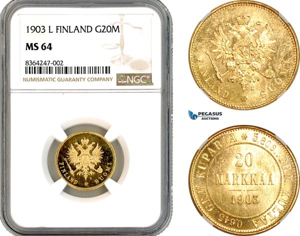 A11-155, Finland, Nicholas II of Russia, 20 Markkaa 1903 L, Helsinki Mint, Gold, Bitkin 385, NGC MS64