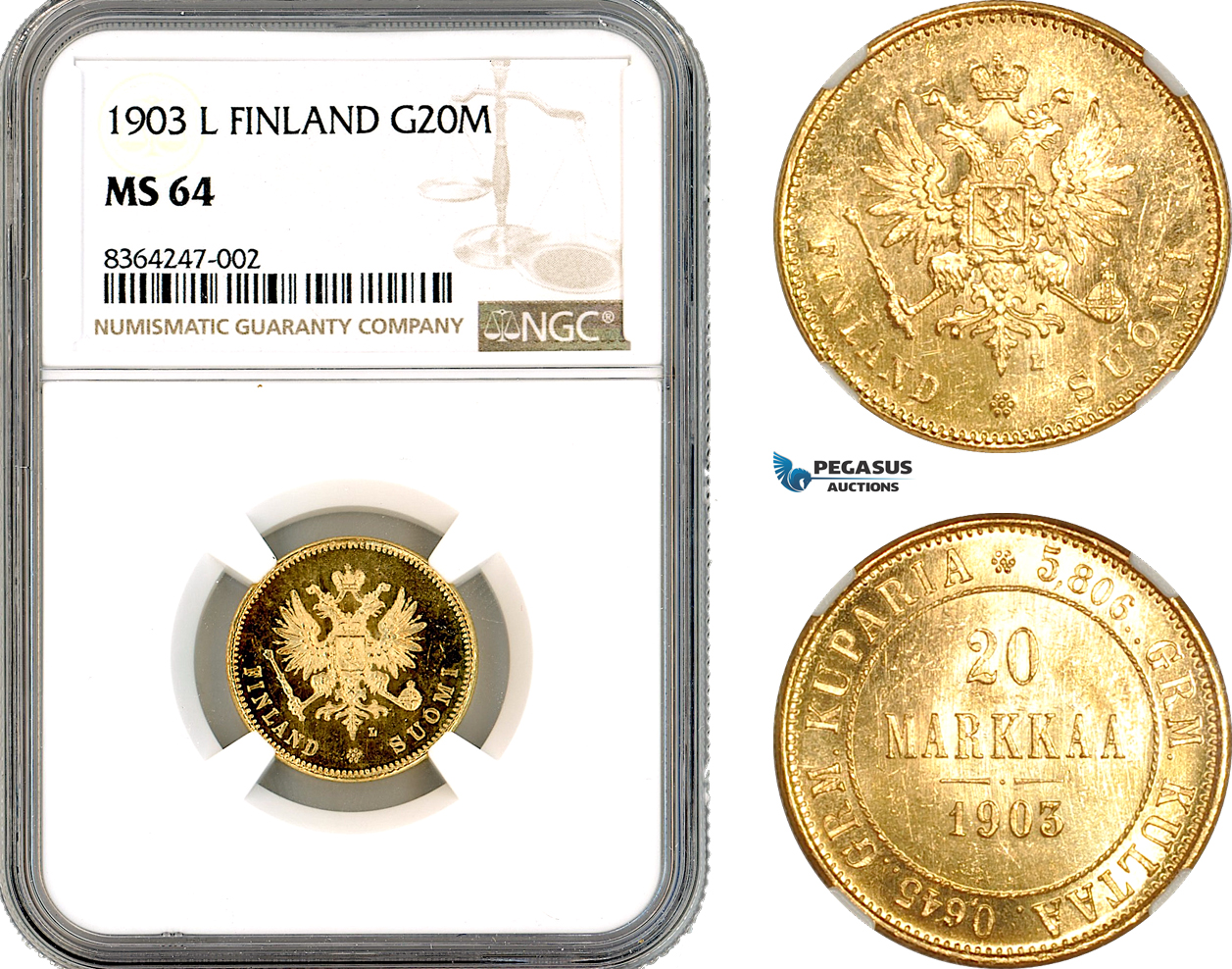 A11-155, Finland, Nicholas II of Russia, 20 Markkaa 1903 L, Helsinki Mint, Gold, Bitkin 385, NGC MS64