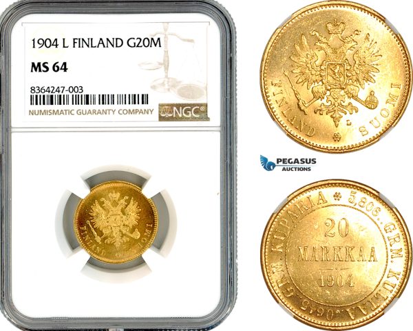 A11-156, Finland, Nicholas II of Russia, 20 Markkaa 1904 L, Helsinki Mint, Gold, Bitkin 386, NGC MS64