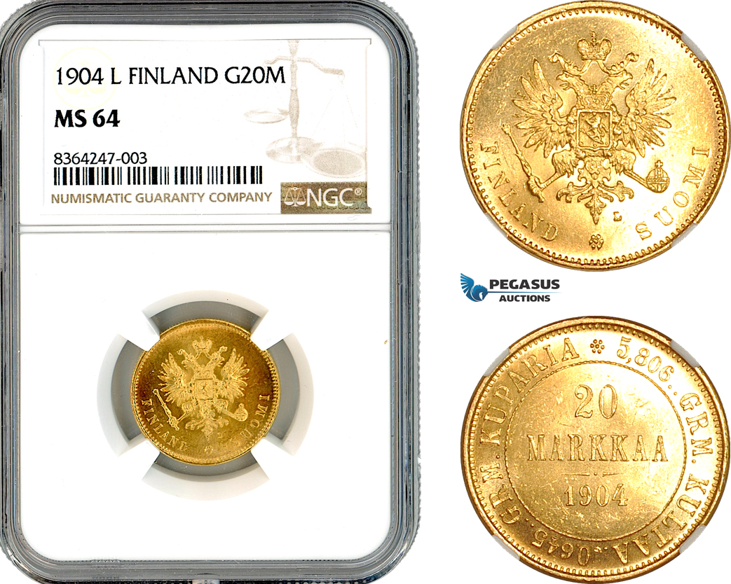 A11-156, Finland, Nicholas II of Russia, 20 Markkaa 1904 L, Helsinki Mint, Gold, Bitkin 386, NGC MS64