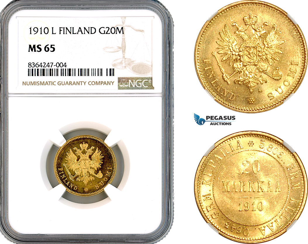 A11-157, Finland, Nicholas II of Russia, 20 Markkaa 1910 L, Helsinki Mint, Gold, Bitkin 387, NGC MS65