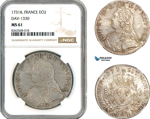 A11-169, France, Louis XV, Ecu 1731 &, Aix-en-Provence Mint, Silver, Dav-1330, Light toning, NGC MS61, Top Pop and single finest graded!