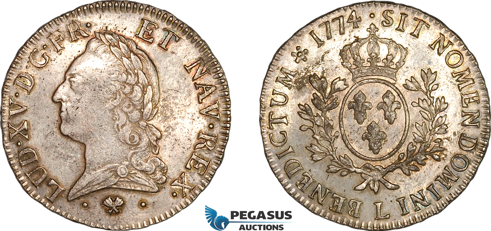 A11-171, France, Louis XV, Ecu 1774 L, Bayonne Mint, Silver (29.37g), Dav-1332, Cleaned in the past, Champagne toning, XF-UNC