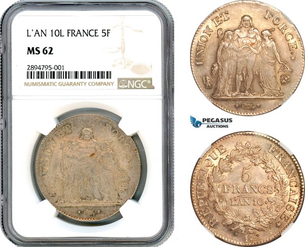 A11-177, France, Consulate, 5 Francs L'AN 10 L, Bayonne Mint, Silver, Gad-563, Light toning, NGC MS62, Top Pop!