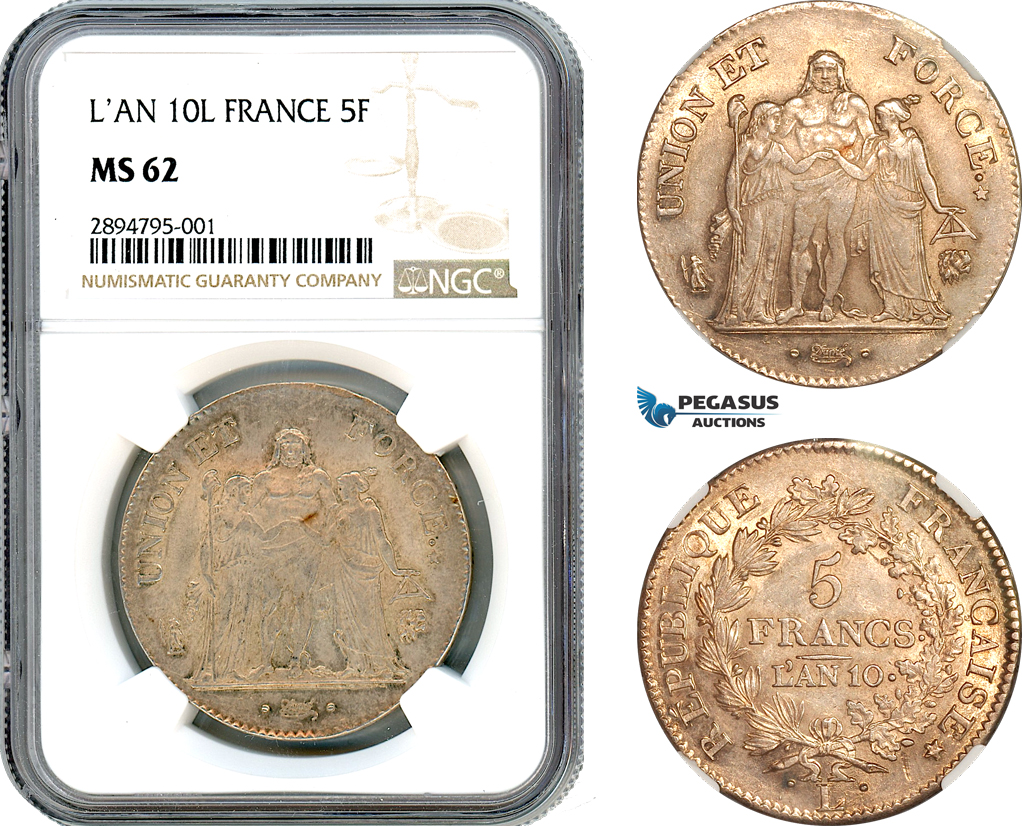 A11-177, France, Consulate, 5 Francs L'AN 10 L, Bayonne Mint, Silver, Gad-563, Light toning, NGC MS62, Top Pop!