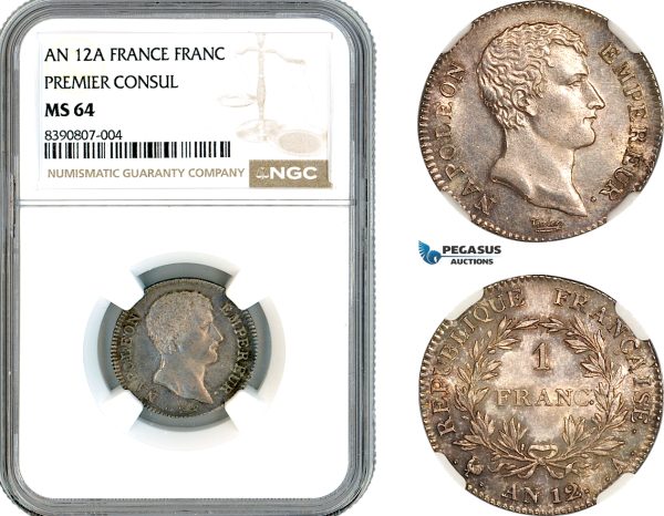 A11-178, France, Napoleon I, as Premier Consul, 1 Franc AN 12 (1803) A, Paris Mint, Silver, Km-649.1, Fine toning, NGC MS64