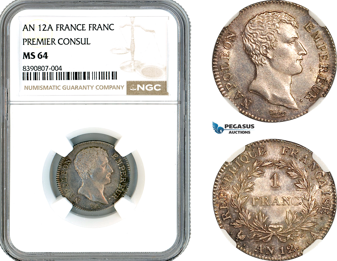 A11-178, France, Napoleon I, as Premier Consul, 1 Franc AN 12 (1803) A, Paris Mint, Silver, Km-649.1, Fine toning, NGC MS64