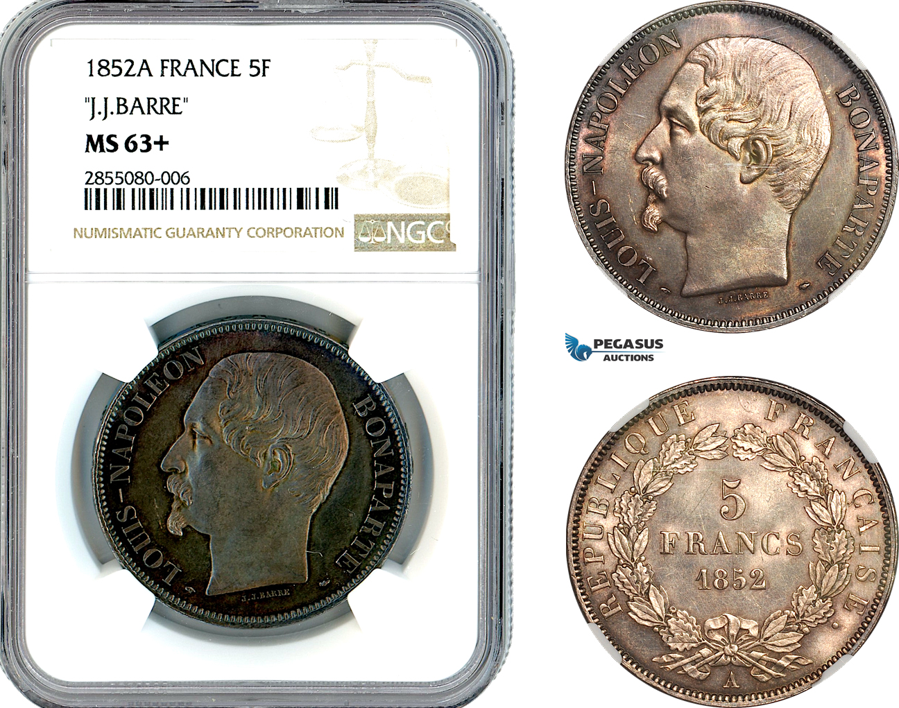 A11-186, France, Napoleon III, 5 Francs 1852 A, "JJ. Barre", Paris Mint, Silver, Km-773.1, Old cabinet toning, NGC MS63+, Rare!