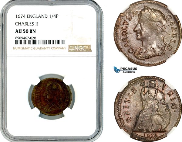 A11-234, Great Britain, Charles II, Farthing (1/4 Penny) 1674, Km-436.1, NGC AU50BN