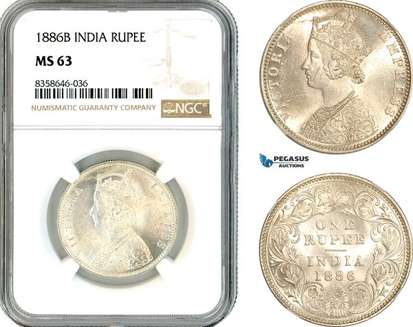 A11-266, India, Victoria, Rupee 1886 B, Bombay Mint, Silver, Km-492, Blast white, NGC MS63