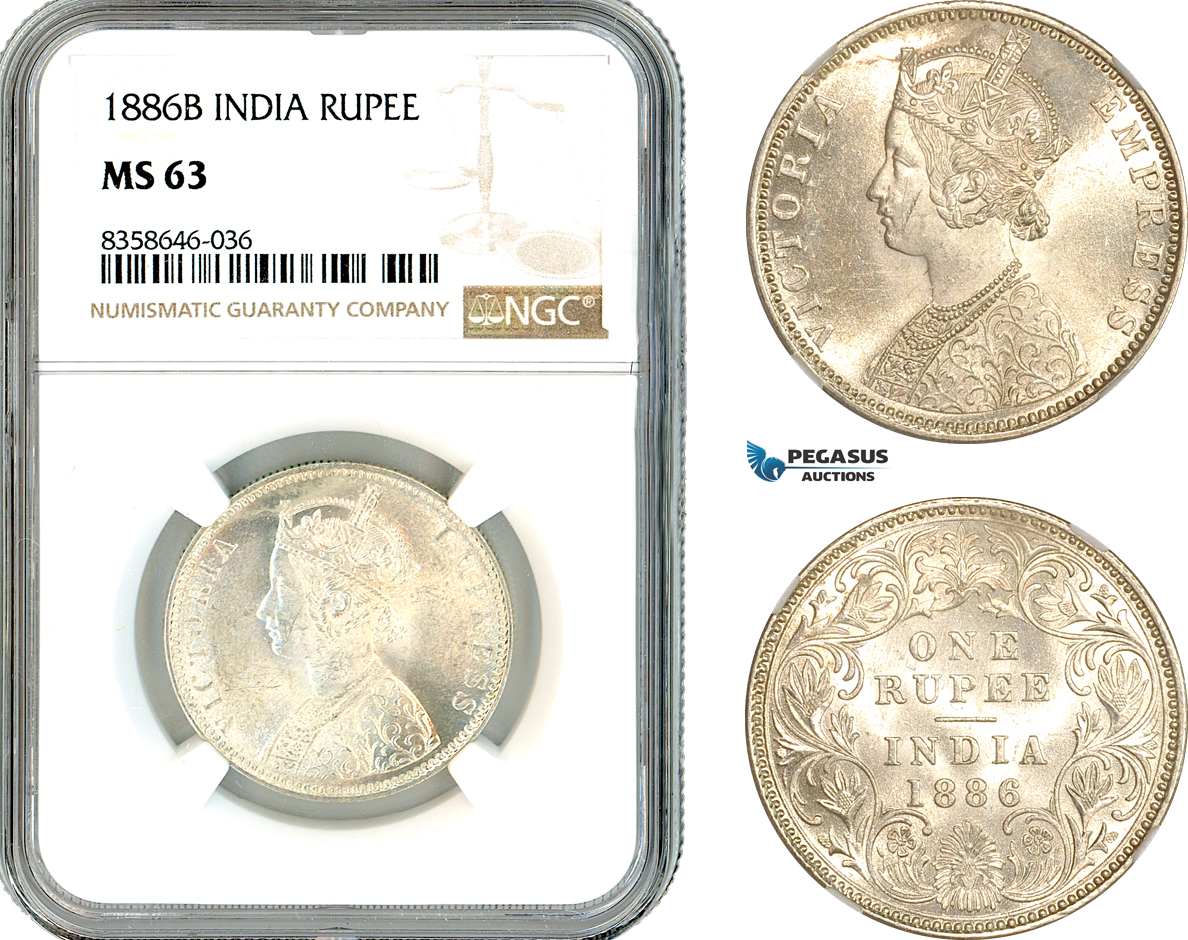 A11-266, India, Victoria, Rupee 1886 B, Bombay Mint, Silver, Km-492, Blast white, NGC MS63