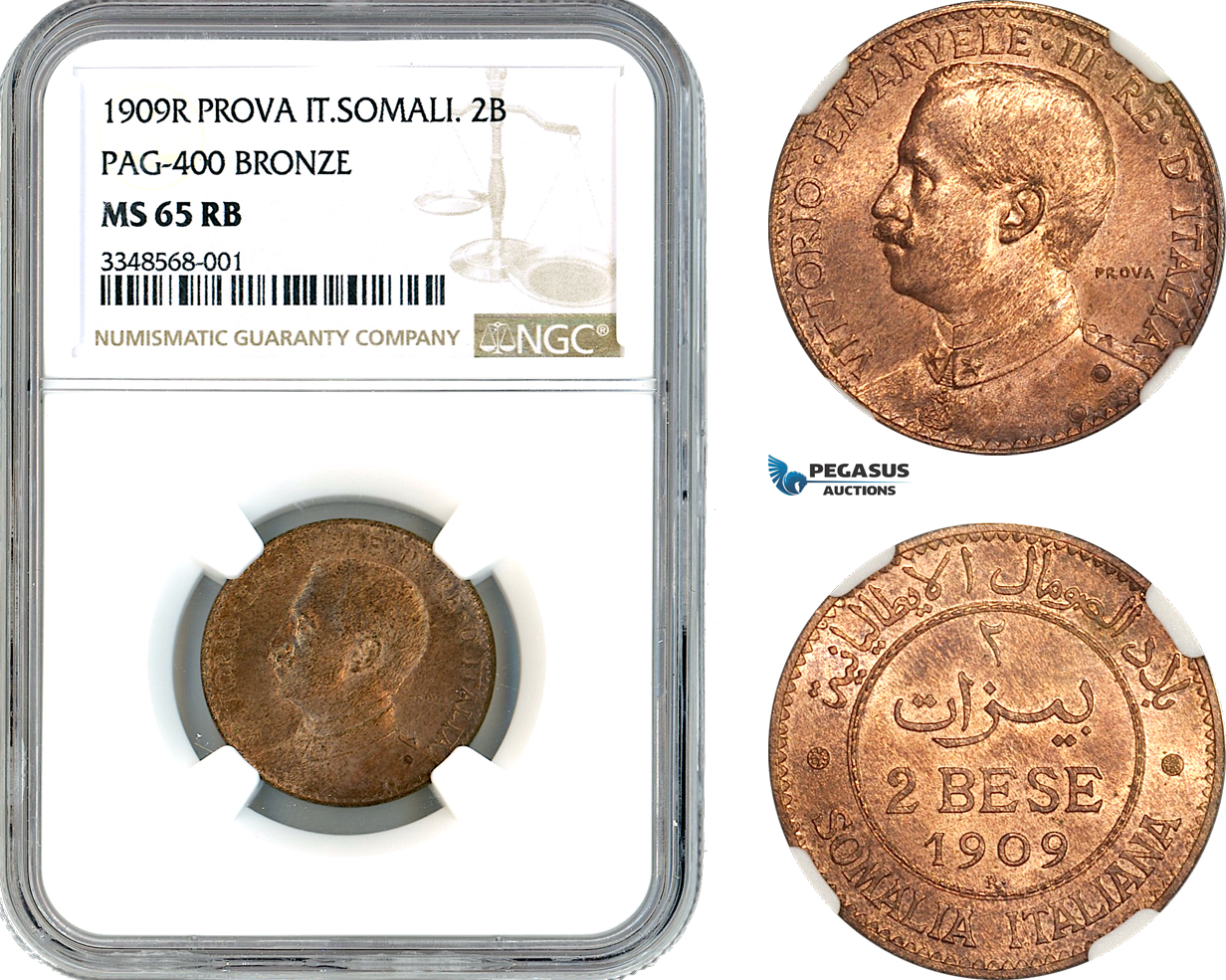 A11-281, Italian Somaliland, Vittorio Emanuele III,  Prova (Pattern) 2 Bese 1909 R, Rome Mint, Pagani-400; Km-Pr2, NGC MS65RB