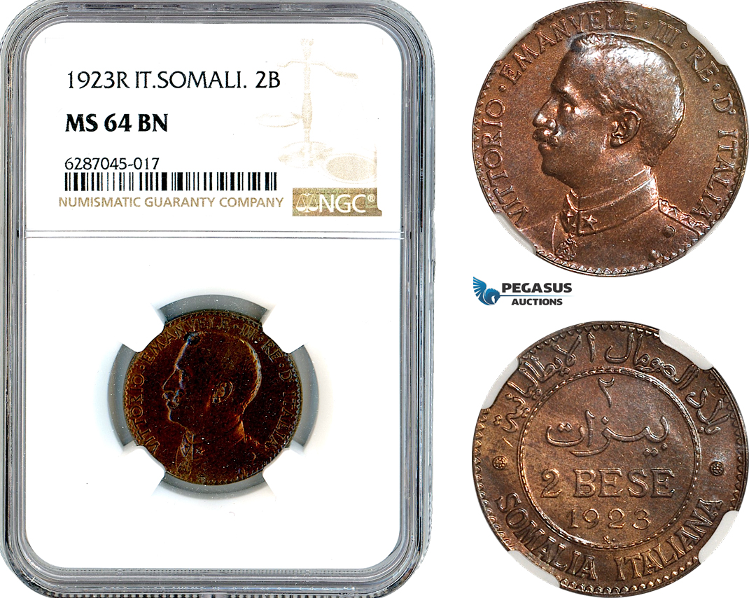 A11-282, Italian Somaliland, Vittorio Emanuele III, 2 Bese 1923 R, Rome Mint, Km-2, NGC MS64BN