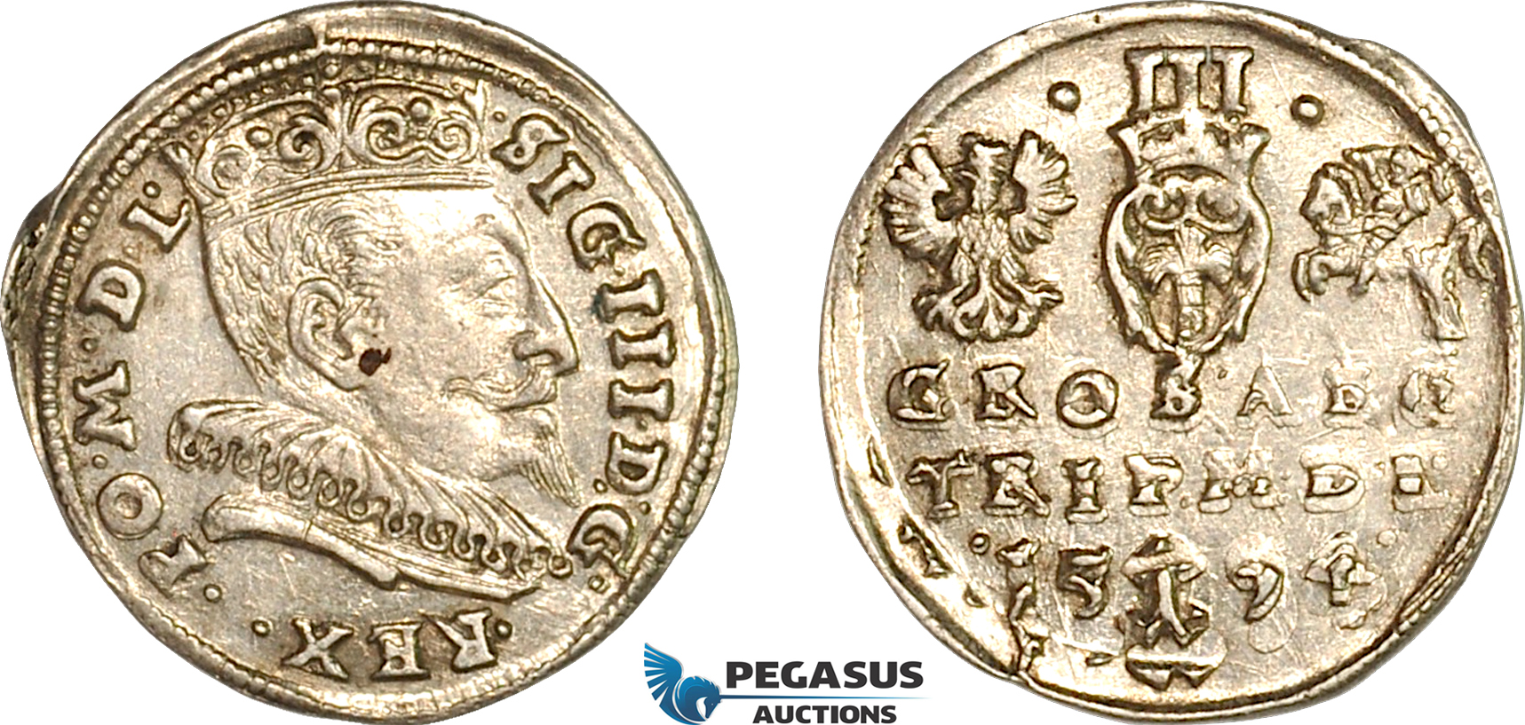 A11-295, Lithuania, Sigismund III of Poland, 3 Groschen (Trojak) 1594, Vilnius Mint, Silver (2.44g) Iger V.94.1b (R2), Very lustrous, AU