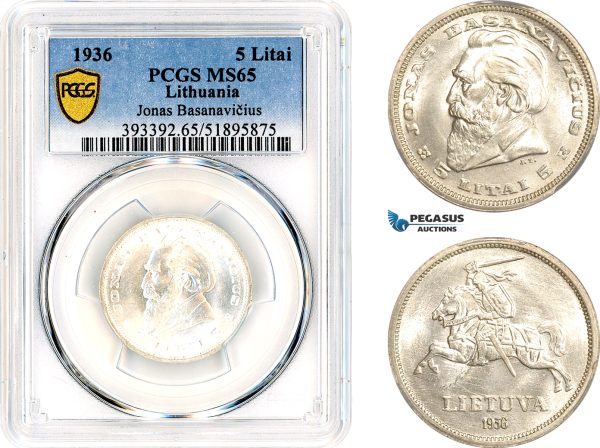 A11-298, Lithuania, 5 Litai 1936 Dr. Jonas Basanavicius, Silver, Km-82, Blast white, PCGS MS65