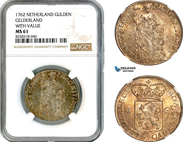 A11-316, Netherlands, Gelderland, Gulden 1762, Silver, Km-100.1, Multicolour toning, NGC MS61