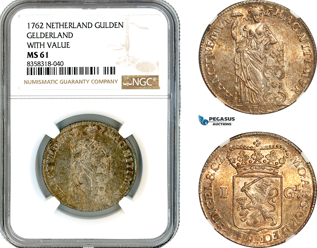 A11-316, Netherlands, Gelderland, Gulden 1762, Silver, Km-100.1, Multicolour toning, NGC MS61