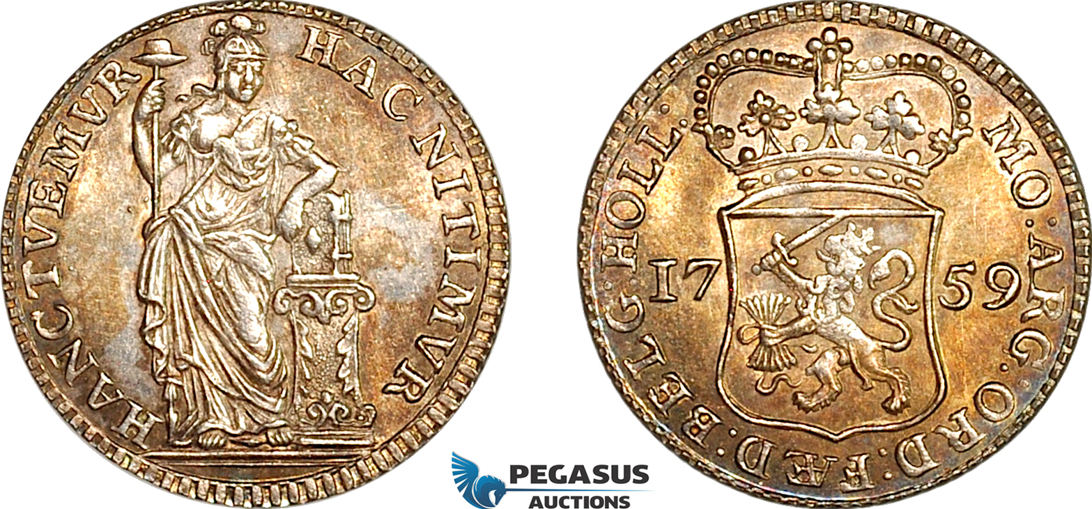 A11-320, Netherlands, Holland, 1/4 Gulden 1759, Silver, Km-100, Multicolour toning, XF-UNC
