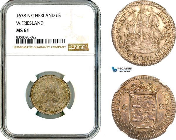 A11-331, Netherlands, West Friesland, 6 Stuivers (Scheepjesschelling) 1678, Silver, Km-76, Light toning, NGC MS61