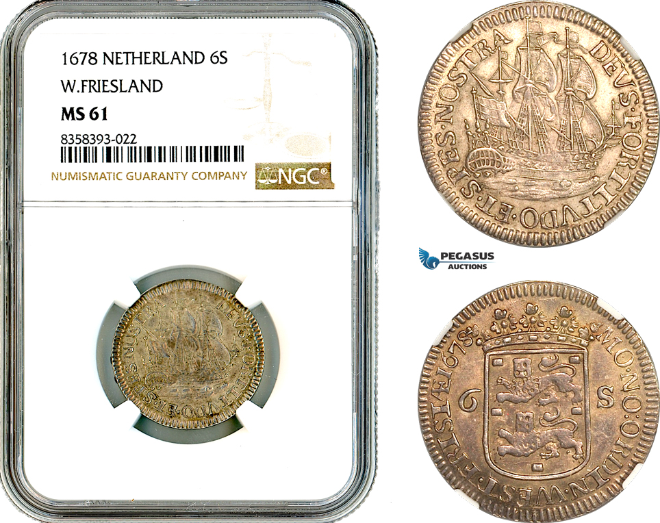 A11-331, Netherlands, West Friesland, 6 Stuivers (Scheepjesschelling) 1678, Silver, Km-76, Light toning, NGC MS61
