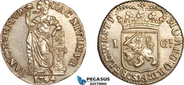 A11-333, Netherlands, West Friesland, Gulden 1794, Silver, Km-97.5, Grey toning, Very flashy! UNC