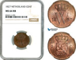 A11-344, Netherlands, Kingdom, William I, 1 Cent 1827, Utrecht Mint, Km-47, NGC MS64RB, Top Pop!