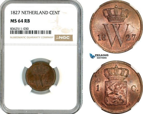 A11-344, Netherlands, Kingdom, William I, 1 Cent 1827, Utrecht Mint, Km-47, NGC MS64RB, Top Pop!