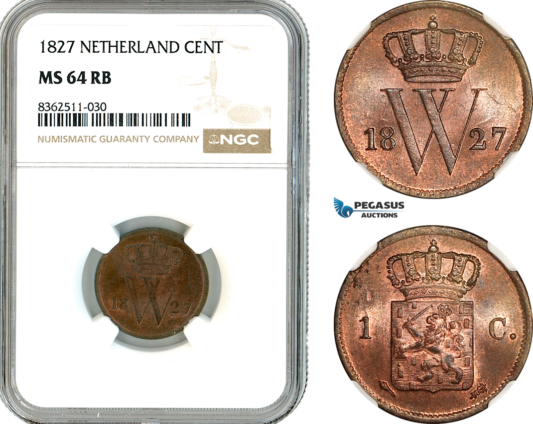 A11-344, Netherlands, Kingdom, William I, 1 Cent 1827, Utrecht Mint, Km-47, NGC MS64RB, Top Pop!