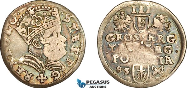 A11-367, Poland, Stephen Bathory, 3 Groschen ( Trojak) 1585 Cross below Bust, Poznan Mint, Silver (1.94g), Iger P.85.4 (R4), Old cabinet toning, Rare! VF