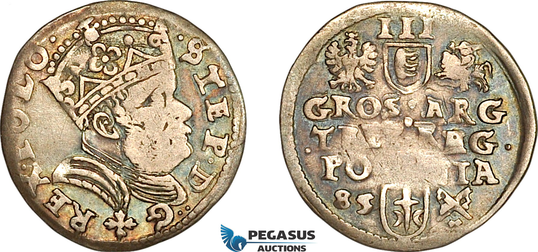 A11-367, Poland, Stephen Bathory, 3 Groschen ( Trojak) 1585 Cross below Bust, Poznan Mint, Silver (1.94g), Iger P.85.4 (R4), Old cabinet toning, Rare! VF