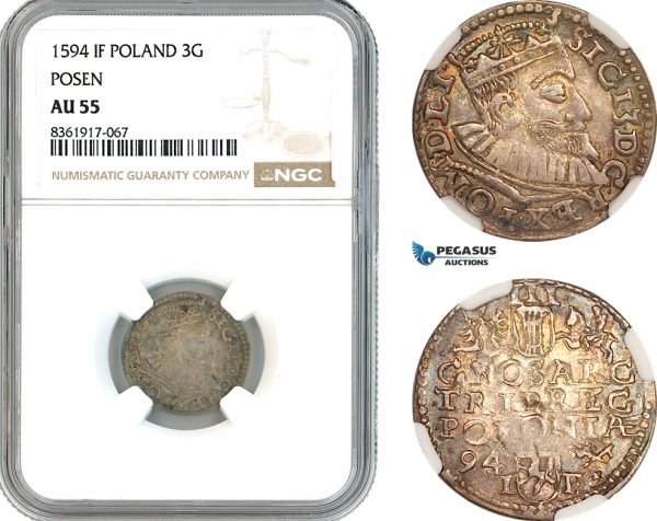 A11-372, Poland, Sigismund III, 3 Groschen (Trojak) 1594, Poznan, Silver, Iger P.94.2.e, Old cabinet toning, NGC AU55