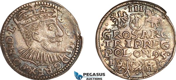 A11-373, Poland, Sigismund III, 3 Groschen (Trojak) 1595, Bydgoszcz Mint, Silver (2.07g), Iger B.95.3a, Old cabinet toning, AU