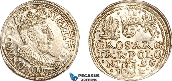 A11-374, Poland, Sigismund III, 3 Groschen (Trojak) 1596, Olkusz Mint, Silver (2.30g), Iger O.96.1e, Blast white, XF-UNC
