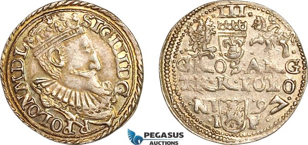 A11-378, Poland, Sigismund III, 3 Groschen (Trojak) 1597, ''7'' strongly restruck like an Axe, with a sharp tail at the bottom, Olkusz  Mint, Silver (2.34g), Iger O.97.2 var, (Unpublished Variety) Green/grey toning, AU