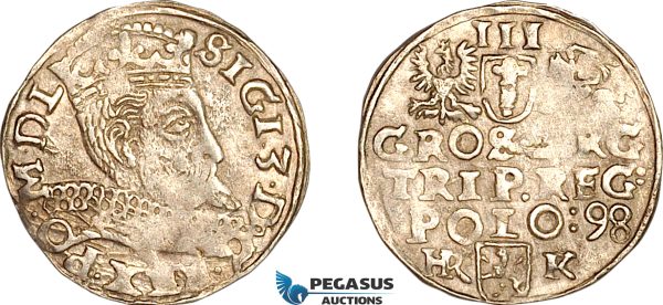 A11-381, Poland, Sigismund III, 3 Groschen (Trojak) 1598 HR K, Fraustadt (Wschowa) Mint, Silver (xxxg), Iger W.98.2d, Light toning, XF