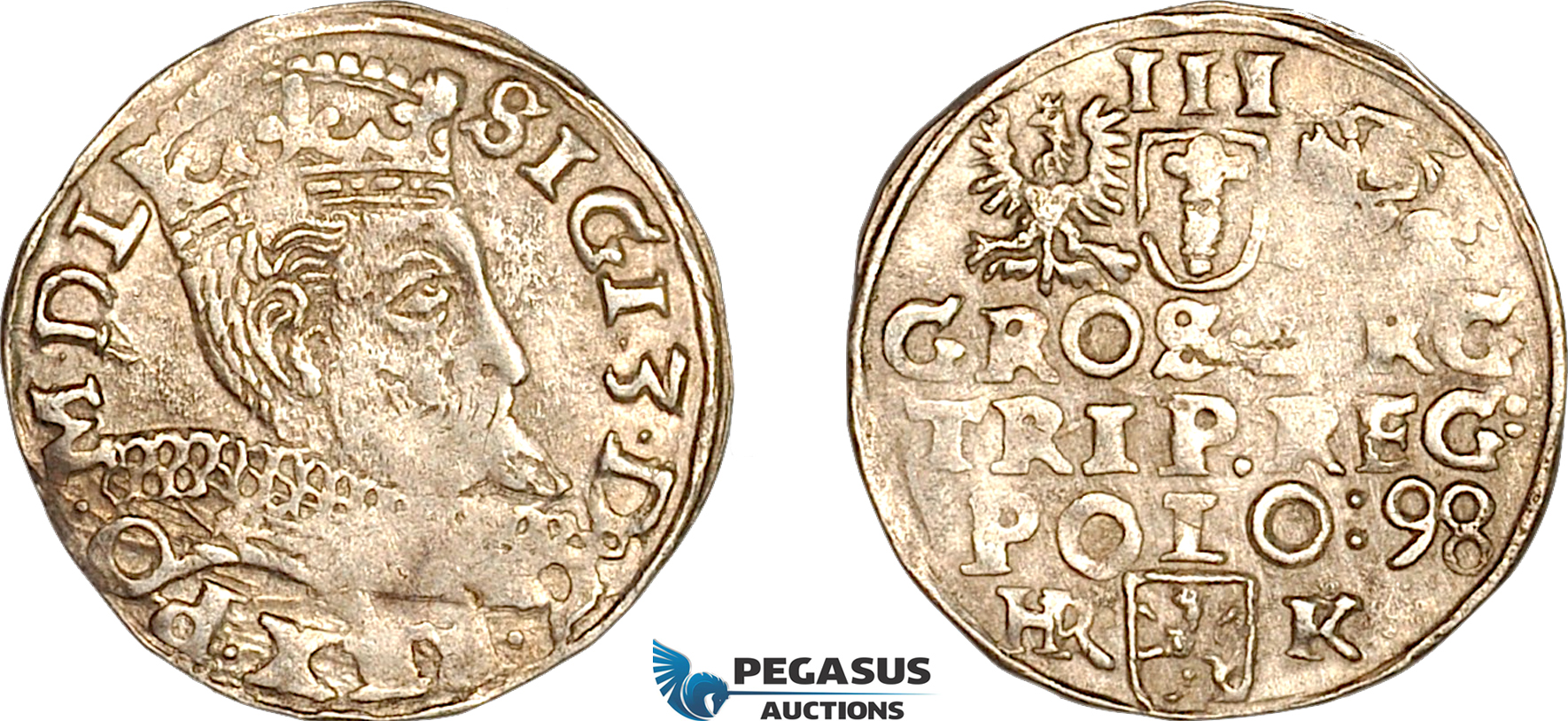 A11-381, Poland, Sigismund III, 3 Groschen (Trojak) 1598 HR K, Fraustadt (Wschowa) Mint, Silver (xxxg), Iger W.98.2d, Light toning, XF