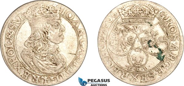 A11-387, Poland, Ioan II Casimir, 6 Groschen 1666 TLB, Bydgoszcz Mint, Silver (3.22g), Kop-1683 (R3), Light toning, some deposits, XF