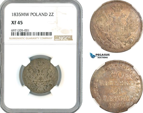 A11-406, Poland, Nicholas I of Russia, 2 Zlote (30 Kopeks) 1835 MW, Warsaw Mint, Silver, Bitkin-1152, Old cabinet toning, NGC XF45