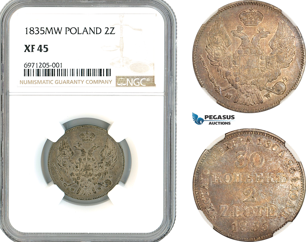 A11-406, Poland, Nicholas I of Russia, 2 Zlote (30 Kopeks) 1835 MW, Warsaw Mint, Silver, Bitkin-1152, Old cabinet toning, NGC XF45