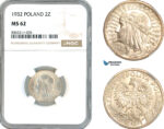 A11-409, Poland, 2 Zlote 1932, Warsaw Mint, Silver, Par-110.a, Light toning, NGC MS62