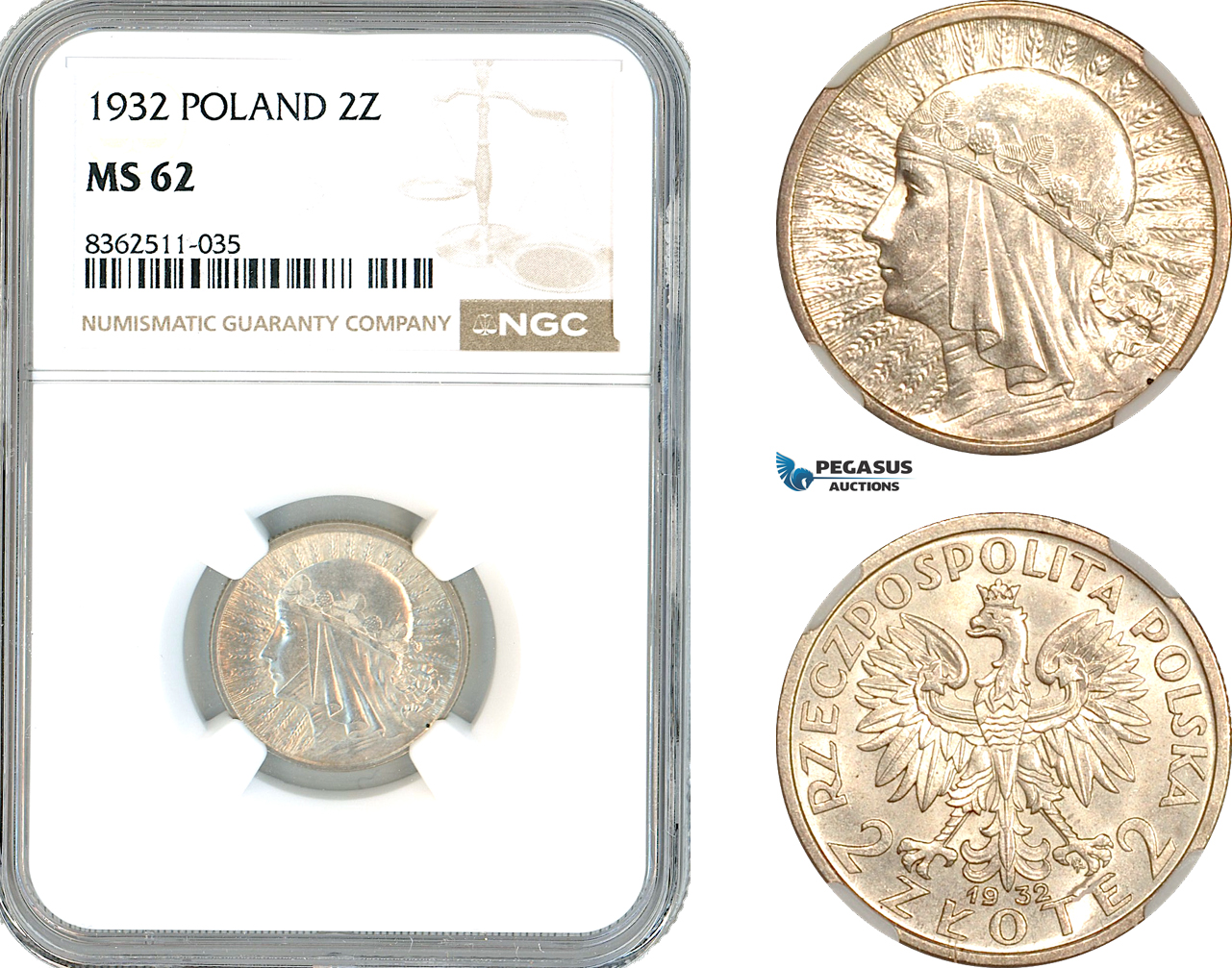 A11-409, Poland, 2 Zlote 1932, Warsaw Mint, Silver, Par-110.a, Light toning, NGC MS62